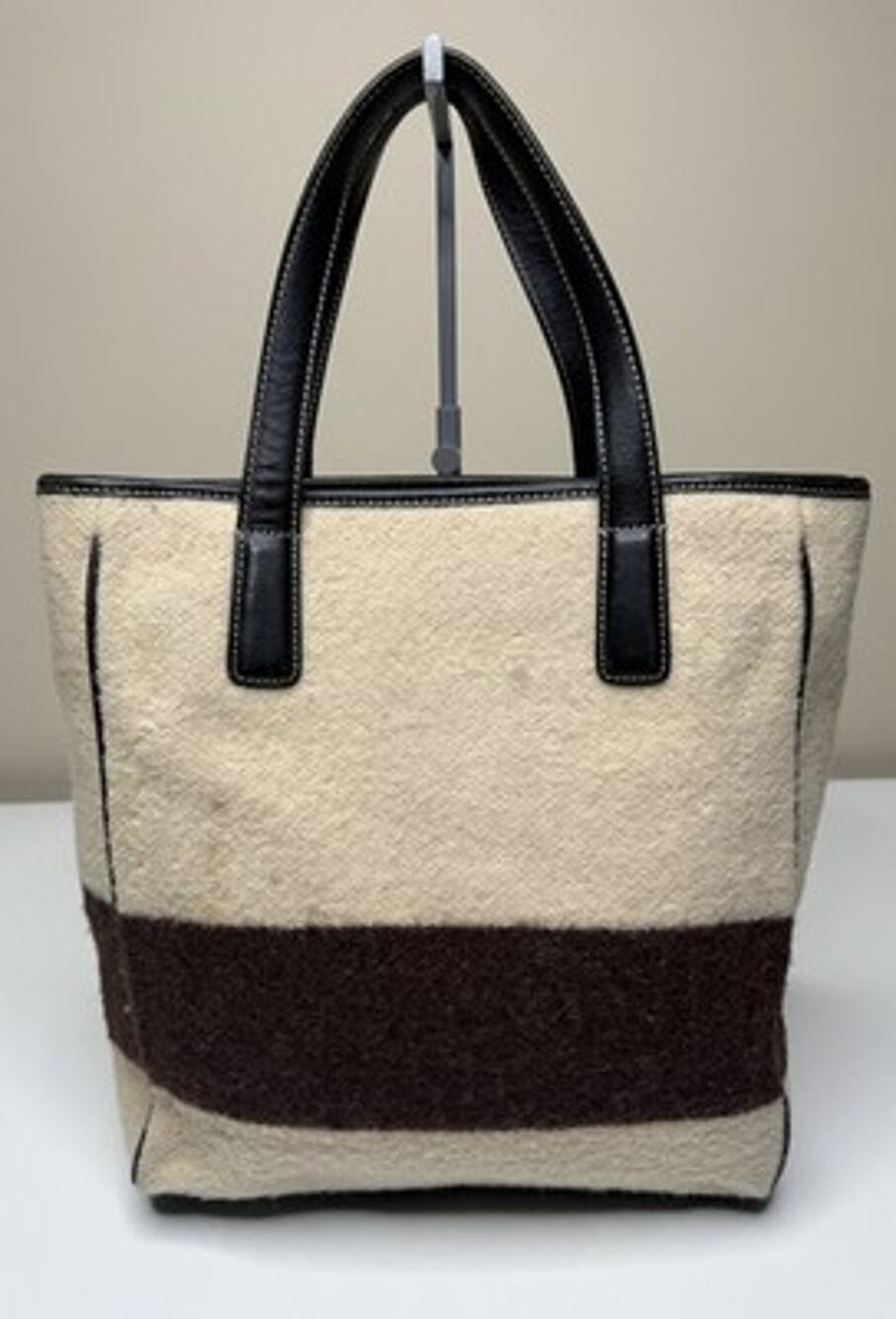 Vintage Coach 8129 Tote Ivory Wool Black Leather Brown Stripe Zip Lined Bag